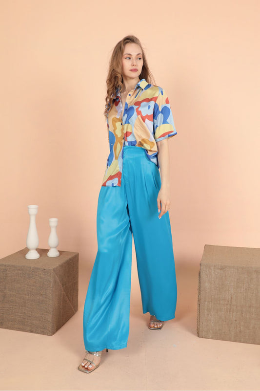 Turquoise Wide Leg Satin Pants