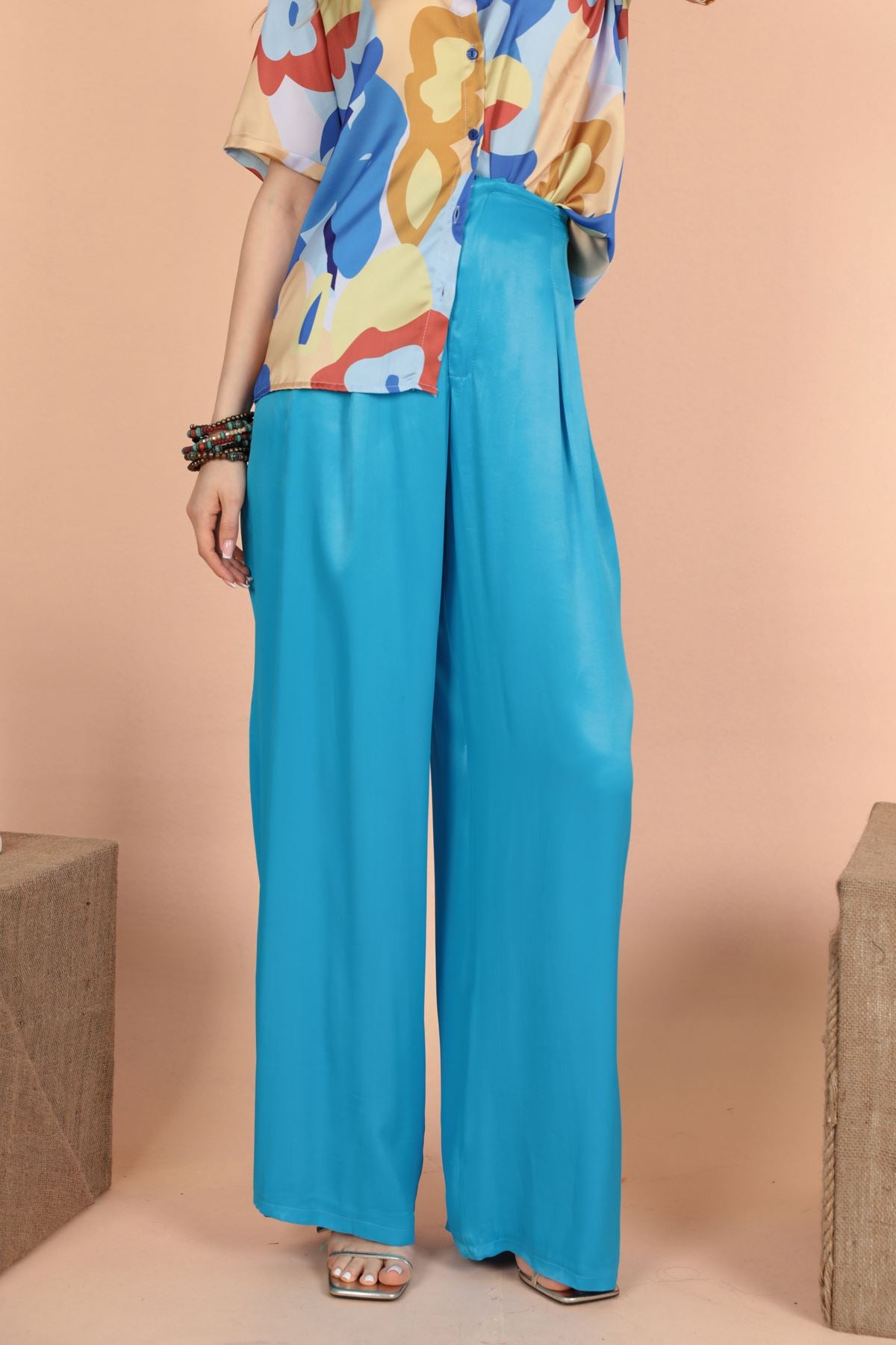 Turquoise Wide Leg Satin Pants