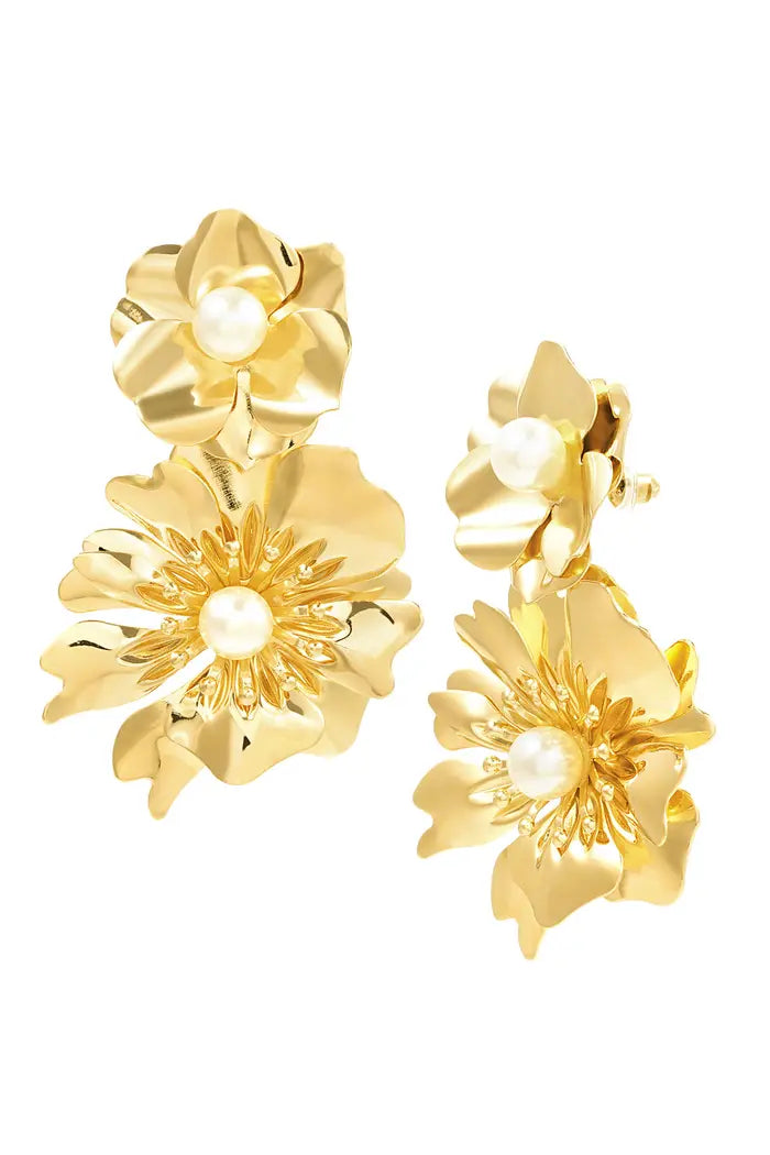 Gold Double Flowers Earrings