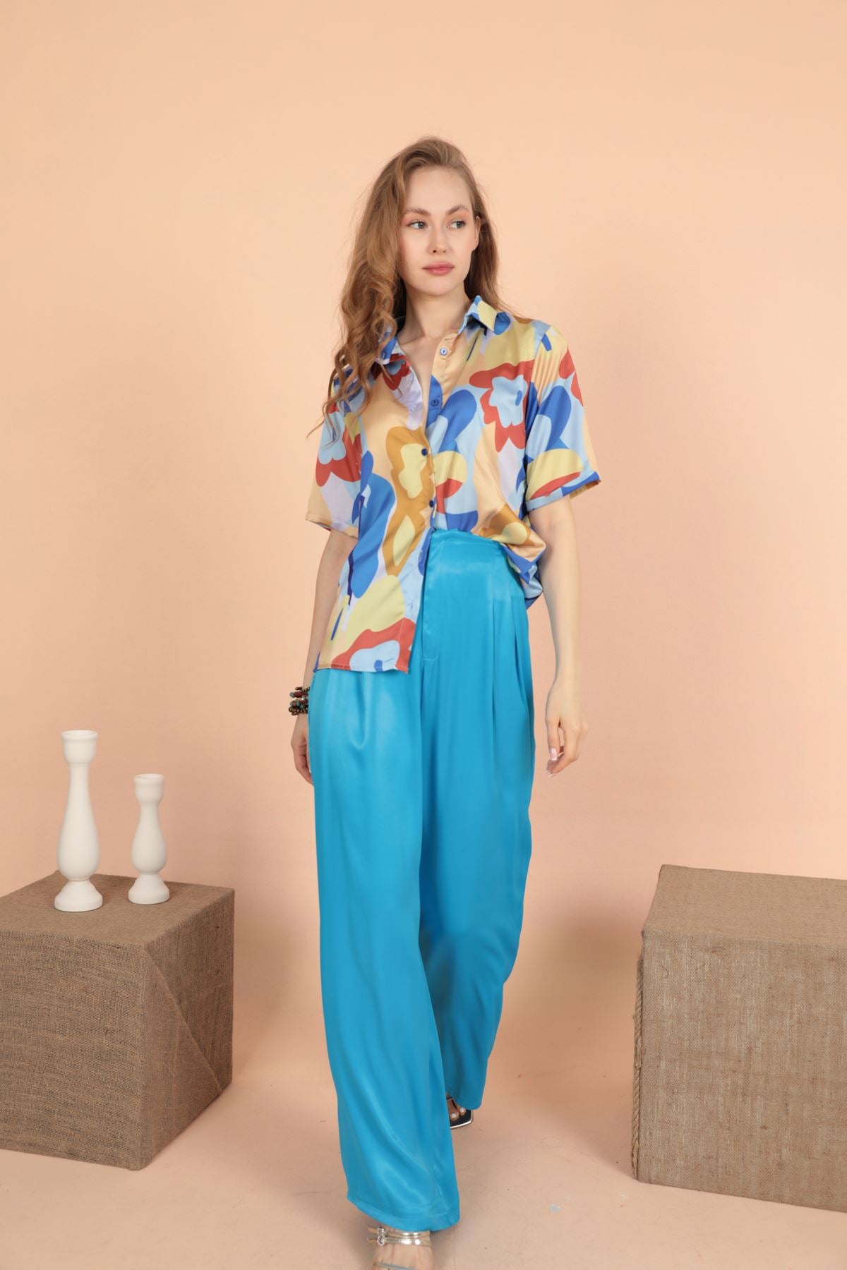 Turquoise Wide Leg Satin Pants