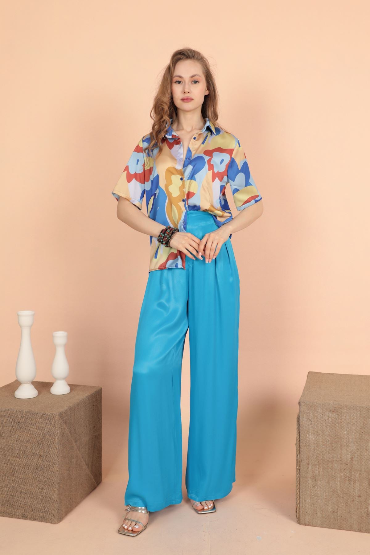 Turquoise Wide Leg Satin Pants