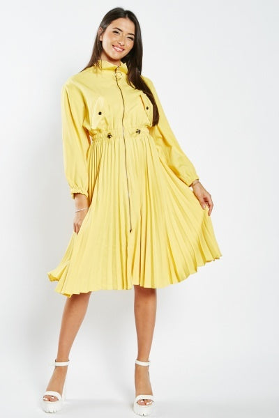 Yellow Pleated O-Ring  Dress