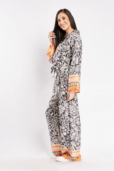 Printed Sateen Blouse and Pants Set