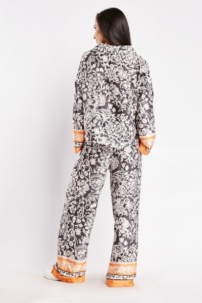 Printed Sateen Blouse and Pants Set