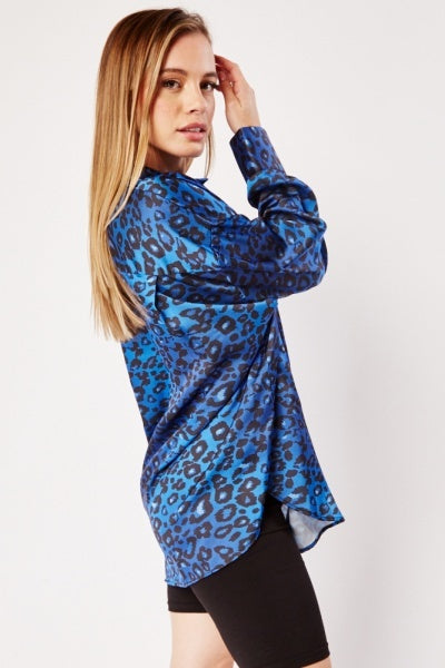 Royal Blue Leopard Print Silk Shirt