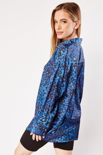 Royal Blue Leopard Print Silk Shirt