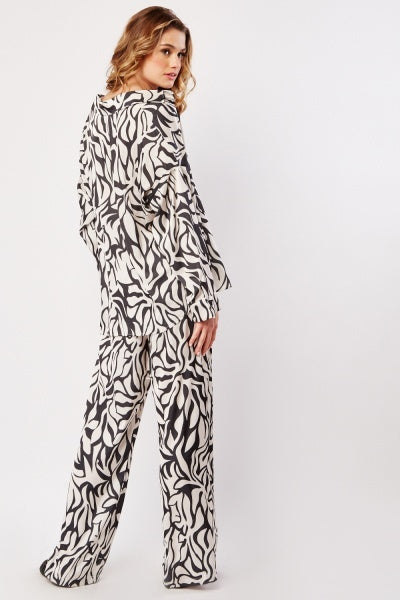 Black and White Printed Satin Pants Set