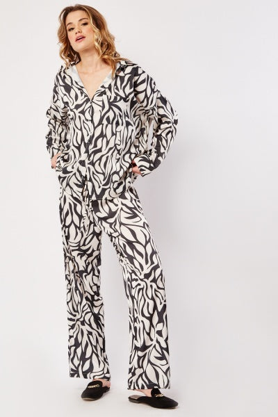 Black and White Printed Satin Pants Set