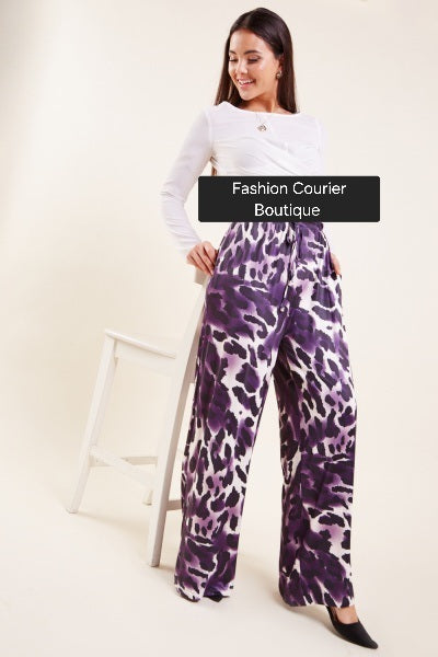 Purple Leopard Print Wide Leg Pants