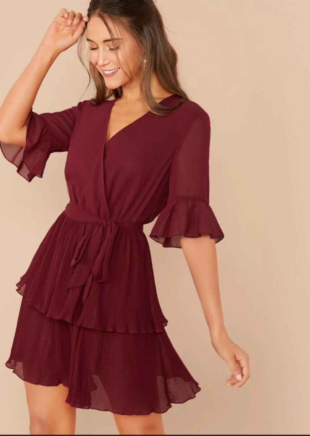 Burgundy steam pleated tunic dress