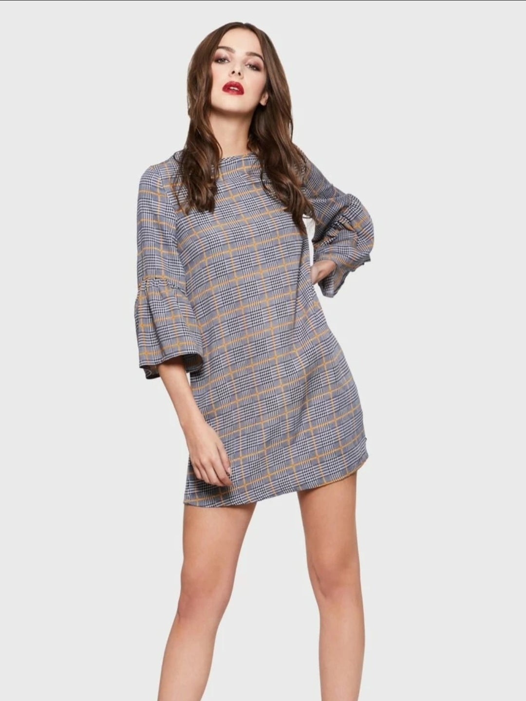 Ruffle sleeve checkered  tunic dress