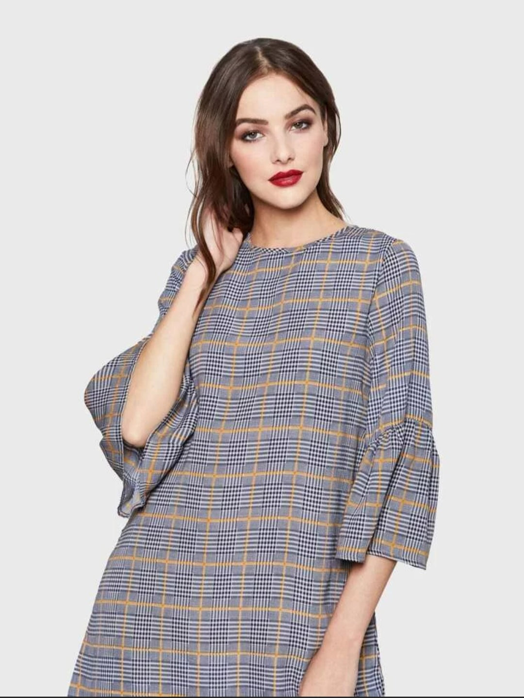 Ruffle sleeve checkered  tunic dress