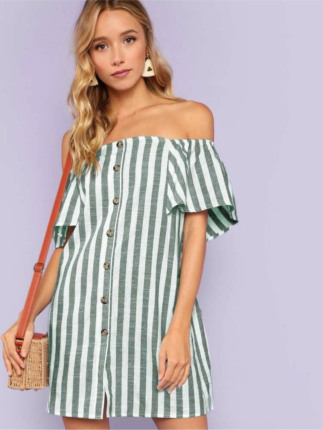 Off shoulder striped button front dress