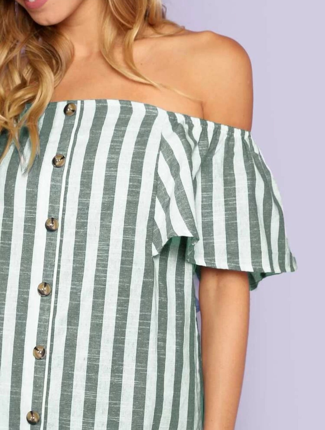 Off shoulder striped button front dress