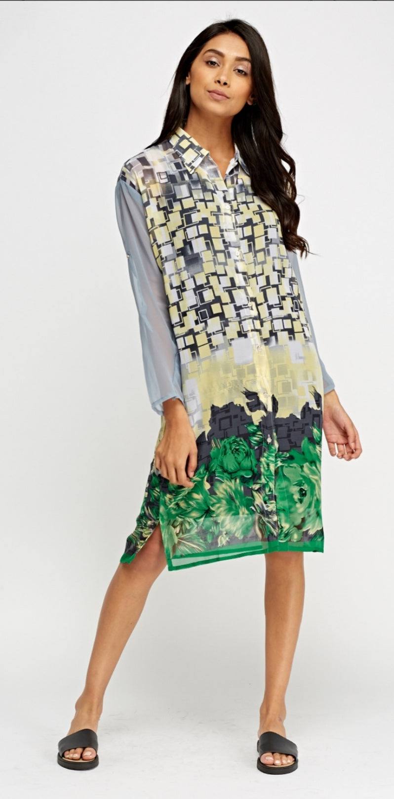 Printed chiffon button down dress