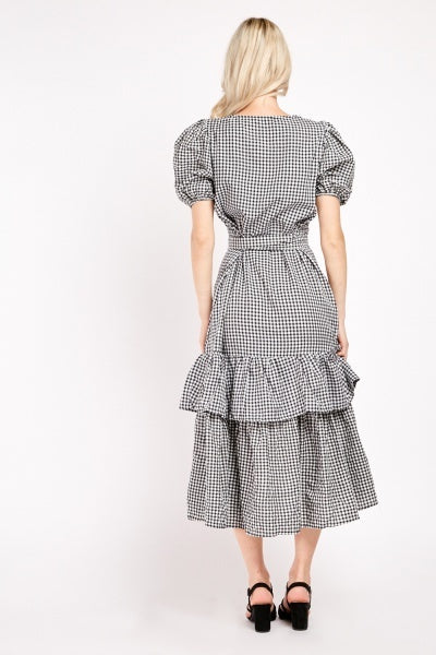 GINGHAM PRINT DIP HEM TIERED DRESS