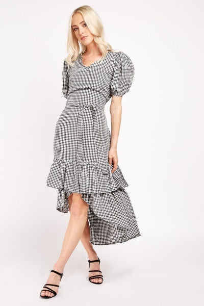 GINGHAM PRINT DIP HEM TIERED DRESS