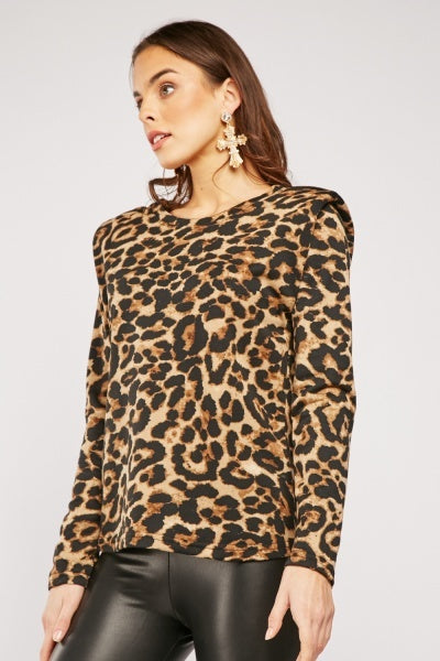 Leopard Print Padded Shoulder Top