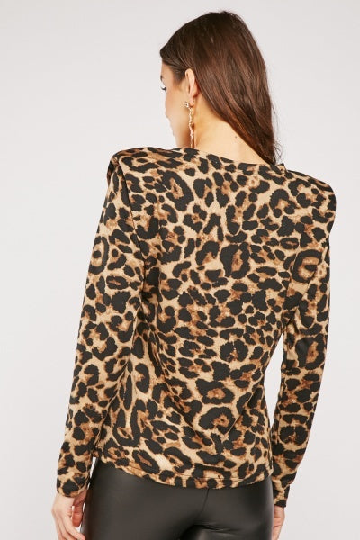 Leopard Print Padded Shoulder Top