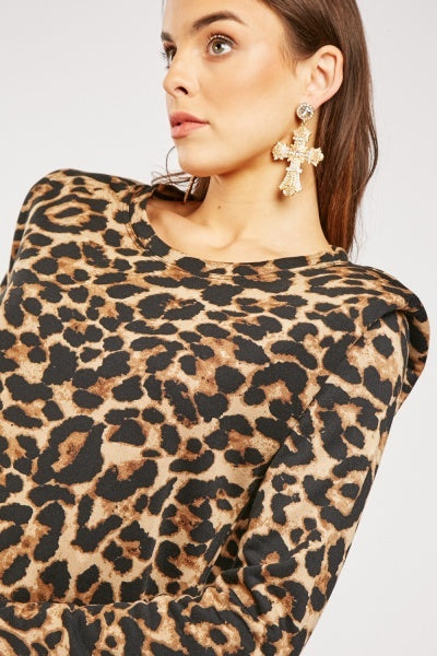 Leopard Print Padded Shoulder Top